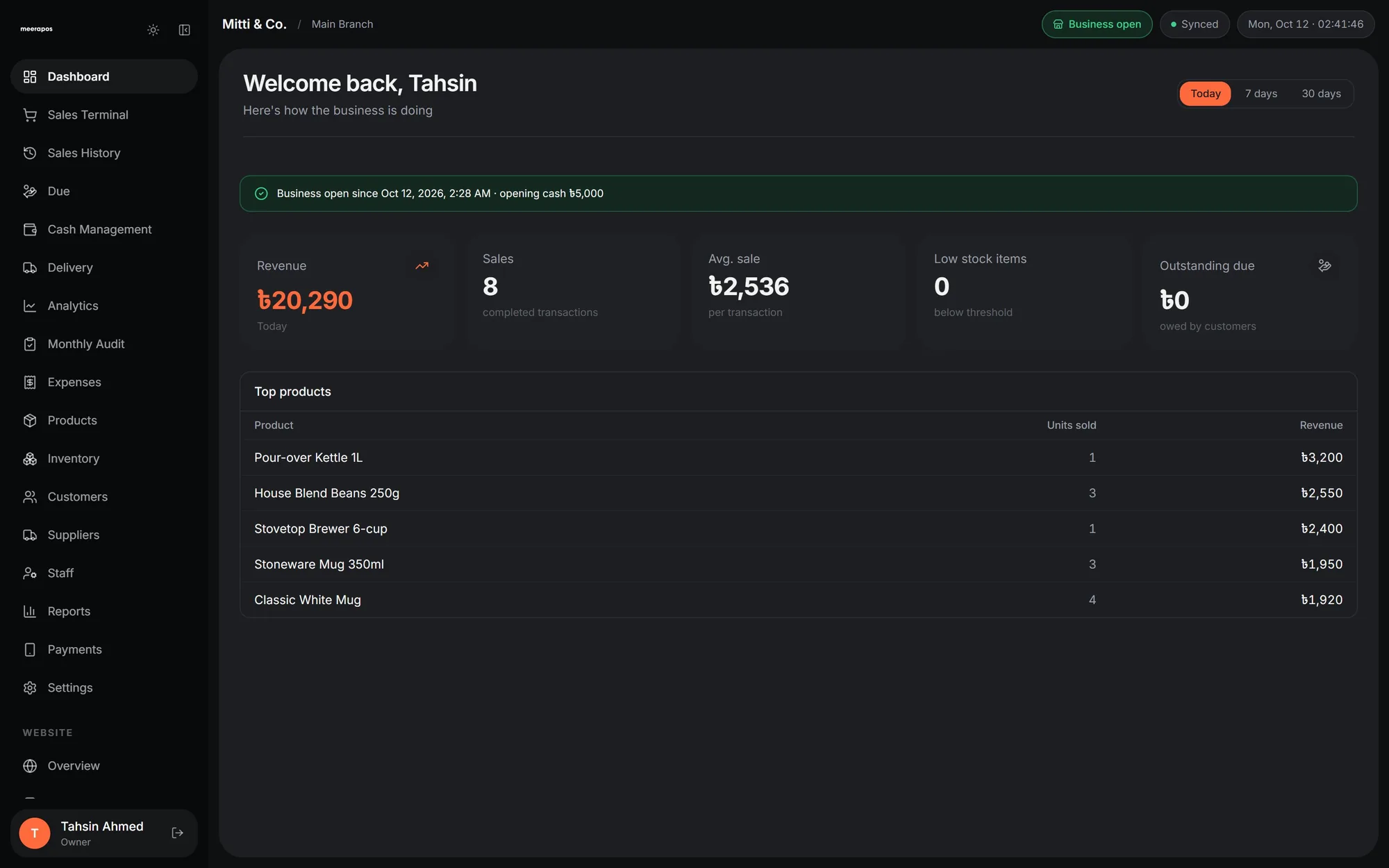 Meera POS dashboard screen